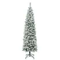 National Tree Company Pre-Lit Artificial Pencil Slim Christmas Tree, Green, Acacia, Unlit, Flocked, Includes Stand, 7.5 Feet