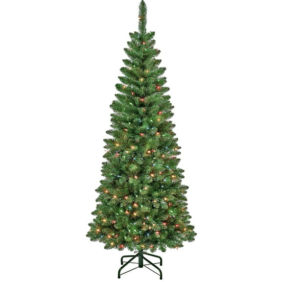 National Tree Company 6 ft. Pre-Lit Artificial Pencil Slim Christmas Tree, Rowan, Green, Multicolor Lights, Includes Stand
