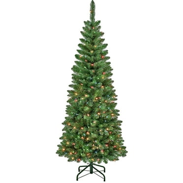 National Tree Company Pre-Lit Artificial Pencil Slim Christmas Tree, Rowan, Green, Multicolor Lights, Includes Stand, 6 Feet.