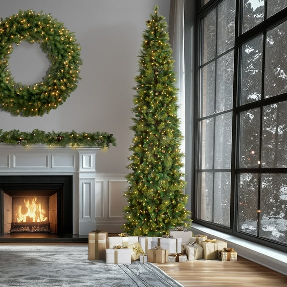 National Tree Company 12 ft Pre-Lit Carolina Pine Slim Artificial Christmas Tree, 1,000 Clear Lights, 1,900 Tips, Includes Stand, Green