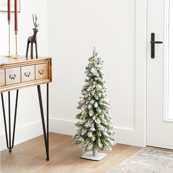 3 ft. Pre-Lit Artificial Downswept Forestree Slim Christmas Tree, Green, Clear Lights, Flocked