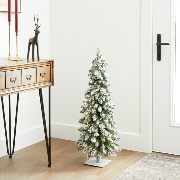 3 ft. Pre-Lit Artificial Downswept Forestree Slim Christmas Tree, Green, Clear Lights, Flocked