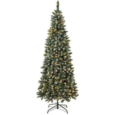 National Tree Company Pre-Lit Artificial Slim Christmas Tree, Green, Oakley Hills, Warm White Lights, LED, Flocked with Pine Cones, Includes Stand, 7.5 Feet.