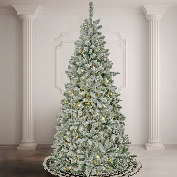 National Tree Company 9 ft. Pre-Lit Artificial Snowy Chatham Slim Christmas Tree, Green, 600 Dual Color® LED Lights, PowerConnect System, Foot Switch, 10 Functions, Includes Stand