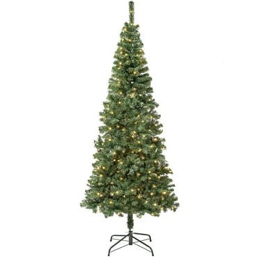 National Tree Company Pre-Lit Artificial Slim Christmas Tree, Linden Spruce, Green, Warm White Lights, LED, Includes Stand, 7.5 Feet.
