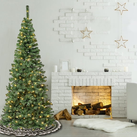National Tree Company 7.5 ft. Pre-Lit Artificial Linden Spruce Slim Christmas Tree, Green, Warm White Lights, LED, Includes Stand