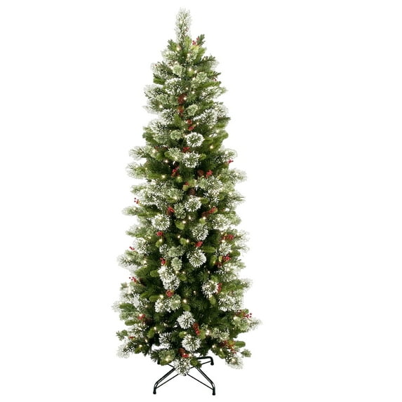 National Tree Company Pre-Lit Artificial Slim Christmas Tree, Wintry Pine®, Green, Clear Lights, Decorated with Pine Cones, Includes Stand, 7.5 Feet