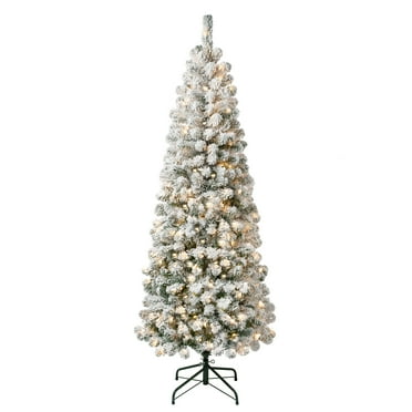 National Tree Company Pre-Lit Artificial Slimmer Profile Christmas Tree, Green, Acacia, Clear Lights, Flocked, Includes Stand, 6 Feet