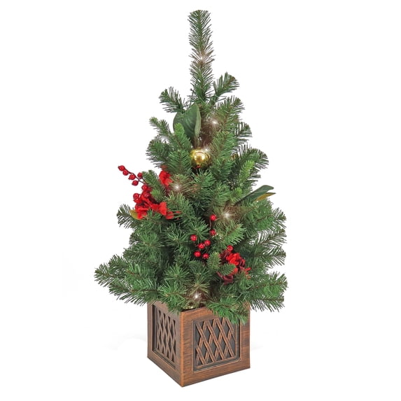 National Tree Company 3 ft. Pre-Lit Artificial Vienna Waltz Tabletop Tree, Green, Red Berries, Gold Ball Ornaments, Bronze Base, 35 Warm White Battery Operated LED Lights, Timer