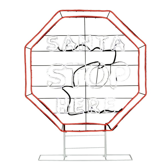 44 in. Pre-Lit Christmas Decoration, 2D, Santa Stop Here Sign, Neon Style, White, Red LED Lights