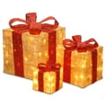 thumbnail image 1 of National Tree Company Pre-Lit Christmas Decoration, Gold, Sisal, Gift Boxes, Red Bows, Set of 3, 105 Clear Lights, 6 Inch, 10 Inch, 14 Inch, 1 of 4