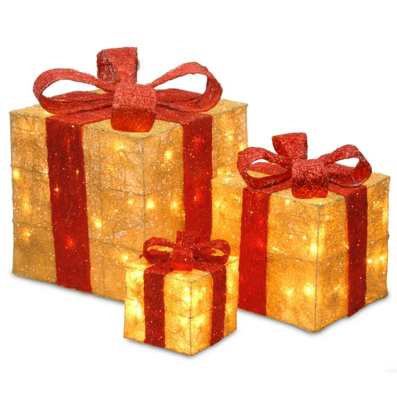 National Tree Company Pre-Lit Christmas Decoration, Gold, Sisal, Gift Boxes, Red Bows, Set of 3, 105 Clear Lights, 6 Inch, 10 Inch, 14 Inch