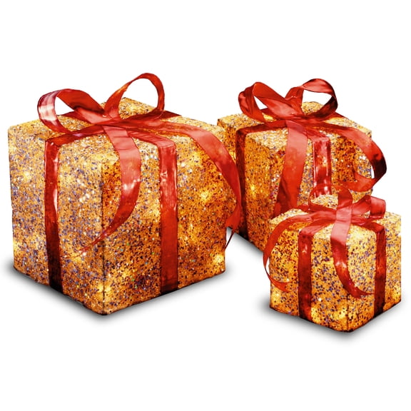 National Tree Company Pre-Lit Christmas Decoration, Gold, Sparkle, Gift Boxes, Red Bows, Set of 3, 75 Clear Lights, 6 Inch, 8 Inch, 10 Inch