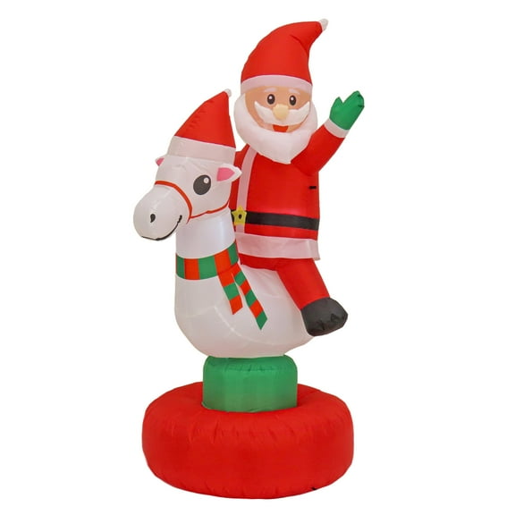 6 ft. Pre-Lit Inflatable Christmas Santa on Rocking Horse, Red & White, 3 Warm White LED Lights