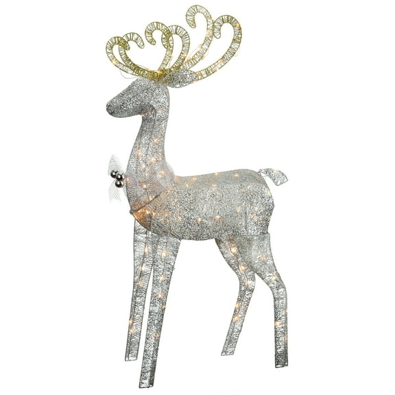 National Tree Company Pre-Lit Christmas Decoration, Silver, Sisal, Reindeer,Gold Antlers, 105 Cool White LED Lights, 60 Inch