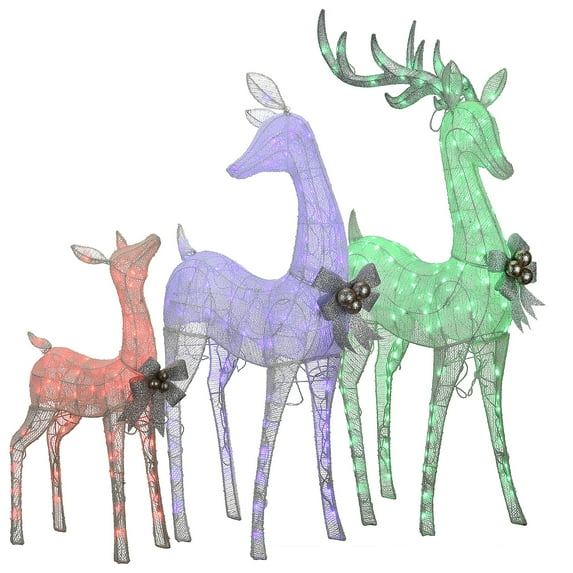 Pre-Lit Deer Family, Multicolor Lights, LED, Color Changing, Remote, 60, 52, and 36 Inch (Set of 3)