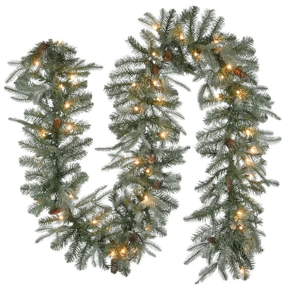 National Tree Company Pre-Lit Feel Real® Artificial Christmas Garland, Green, Arctic Spruce, White Lights, Decorated With Pine Cones, Plug In, Christmas Collection, 9 Feet