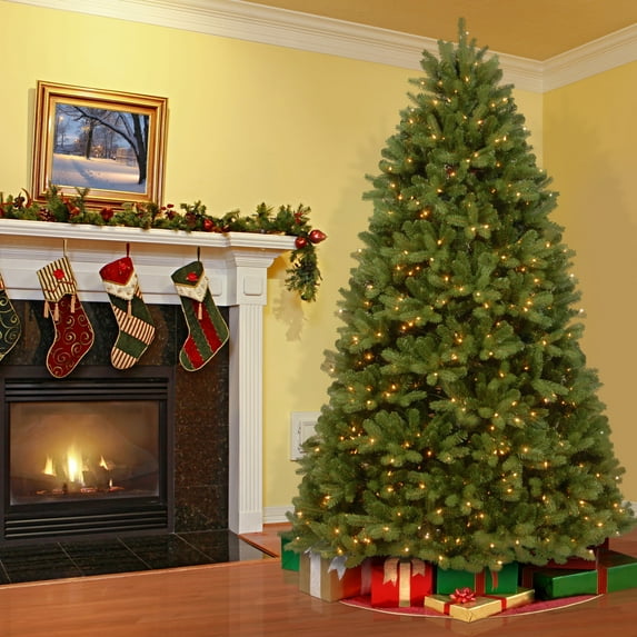 National Tree Company Pre-Lit Feel Real® Artificial Christmas Tree, Newberry® Spruce, Green, Dual Color® Lights, LED, PowerConnect System, Includes Stand, 9 Feet