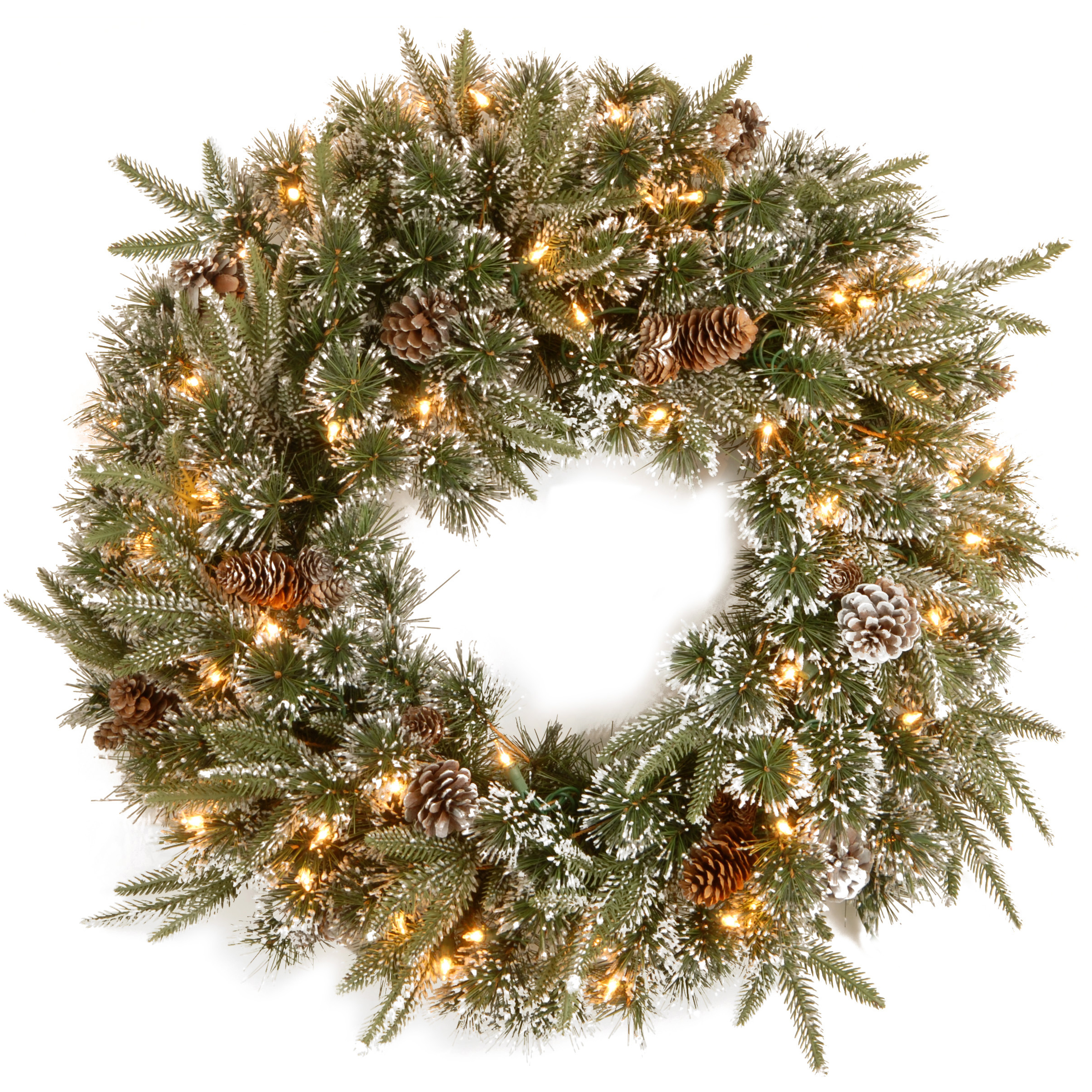 National Tree Company Pre-Lit 'Feel Real' Artificial Christmas Wreath, Green, Liberty Pine, White Lights, Decorated with Frosted Branches, Pine Cones, Christmas Collection, 24 Inches - image 1 of 5
