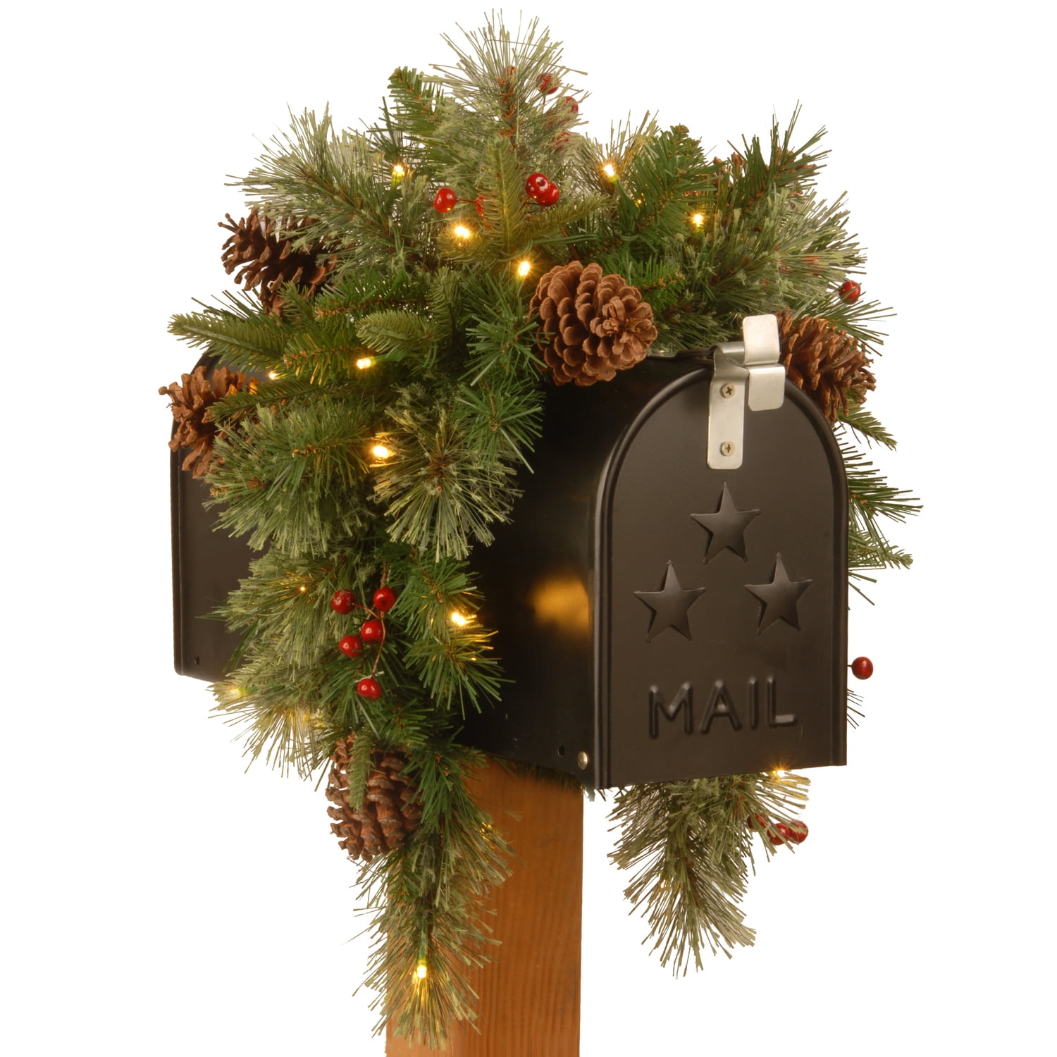 36" Green Colonial Mailbox Swag with Warm White LED Lights