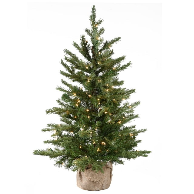 National Tree Company Pre-Lit Feel Real® Artificial Mini Christmas Tree, Green, Nordic Spruce®, Clear Lights, Includes Burlap Bag Base, 3 Feet