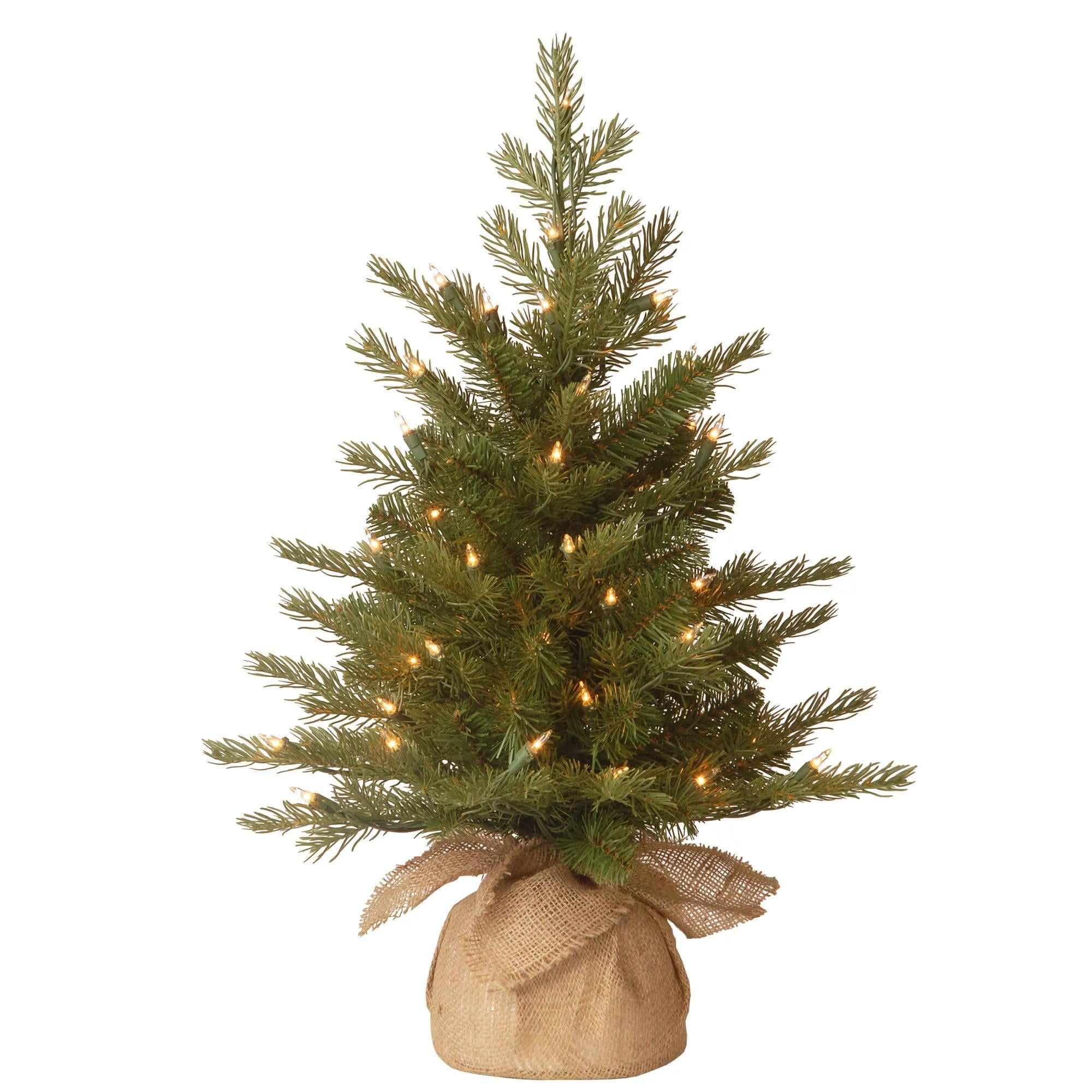 National Tree Company Pre-Lit 'Feel Real' Artificial Mini Christmas Tree, Green, Nordic Spruce, White Lights, Includes Burlap Bag Base, 3 Feet