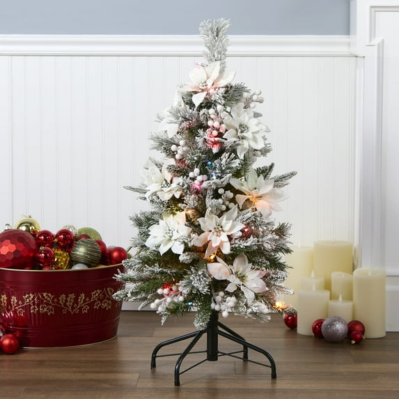 National Tree Company 3 ft. Pre-Lit Feel Real® Artificial Colonial Fir Pencil Slim Christmas Tree, Green, Flocked, White Berries, White Poinsettias, 50 Multicolor Lights, Includes Stand