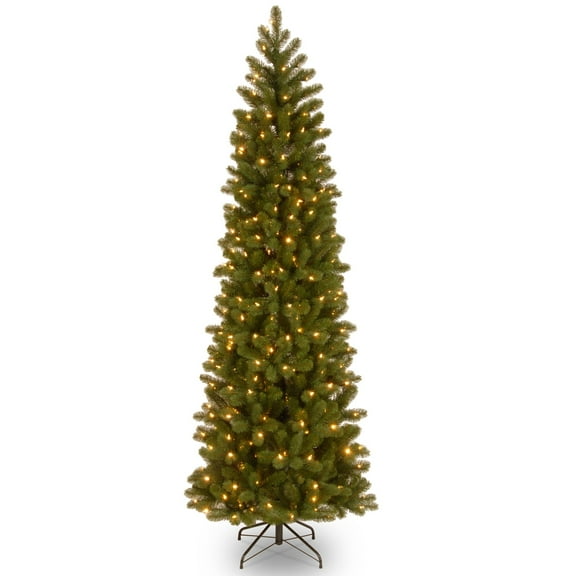 National Tree Company Pre-Lit Feel Real® Artificial Pencil Slim Christmas Tree, Green, Downswept Douglas® Fir , Clear Lights, Includes Stand, 7.5 Feet