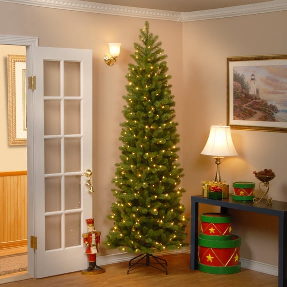 9 ft. Pre-Lit Feel Real® Artificial Downswept Douglas® Fir Pencil Slim Christmas Tree, Green, Clear Lights, Includes Stand
