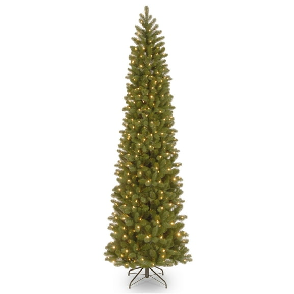 National Tree Company Pre-Lit Feel Real® Artificial Pencil Slim Christmas Tree, Green, Downswept Douglas® Fir , Clear Lights, Includes Stand, 9 Feet