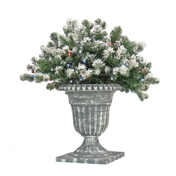 2 ft. Pre-Lit Feel Real Artificial Porch Bush, Green, Snowy Sheffield Spruce, Flocked
