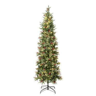 National Tree Company Pre-Lit Feel Real® Pre-Lit Artificial Slim Christmas Tree, Green, Virginia Pine, Red Berries, Pine Cones,260 Warm White LED Lights, Includes Stand, 7.5 Feet