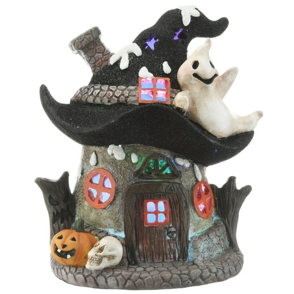 7 in. Pre-Lit Halloween Figurine, Black, Witch Hat, Haunted House, 1 Multicolor Flashing LED Light