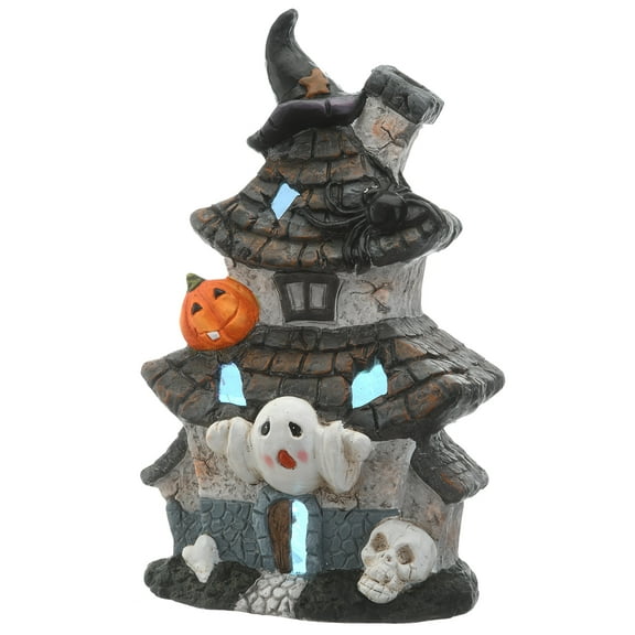 18 in. Pre-Lit Halloween Figurine, Gray, Multilevel Haunted House, Witch Hat, Ghost