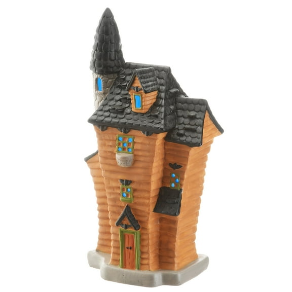 12 in. Pre-Lit Halloween Figurine, Orange, Hanuted House with Tower, 1 Multicolor LED Light