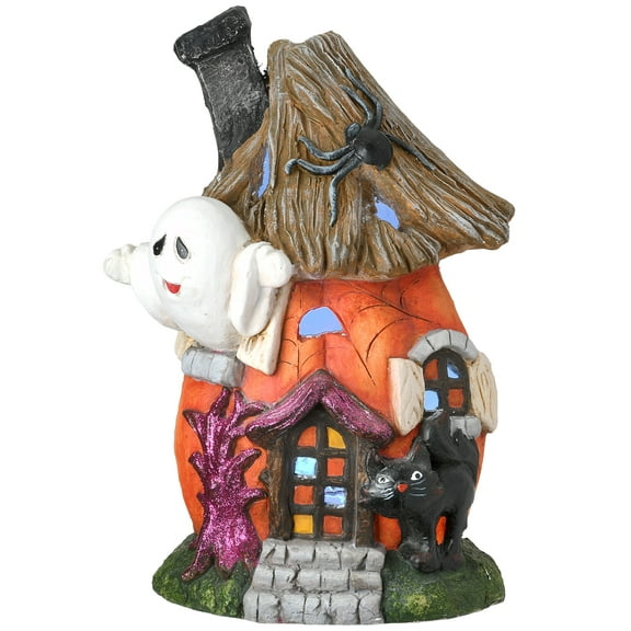 18 in. Pre-Lit Halloween Figurine, Orange, Pumpkin Haunted House, Ghost, 1 Multicolor LED Light