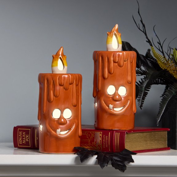 7 in. Pre-Lit Jack Halloween Porcelain Candle, Orange, 1 Multicolor LED Light (Set of 2)