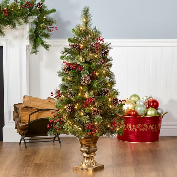 National Tree Company 4 ft. Pre-lit Artificial Iced Berry Pine Christmas Entrance Tree, Green, Iced Red Berries, Glittered Pinecones, Bronze Pedestal Urn, 100 Clear Lights