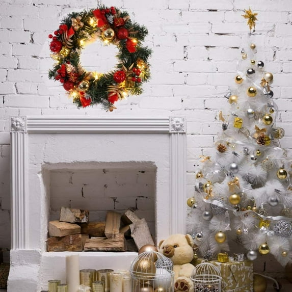 National Tree Company Pre-lit Artificial Christmas Wreath| Flocked with Mixed Decorations and Pre-strung White LED Lights | Wintry Pine