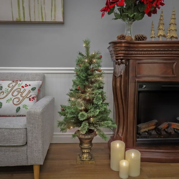 National Tree Company 4 ft. Pre-lit Artificial Glistening Pine Entrance Christmas Tree, Green, Red Berries, Pinecones, Twigs, 50 Clear Lights, Gold Pedestal Urn Base