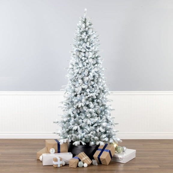 National Tree Company 6 ft. Pre-lit Feel Real® Artificial Snowy Comet Slim Christmas Tree, Blue, 400 Cool White LED Lights, PowerConnect System, Includes Stand