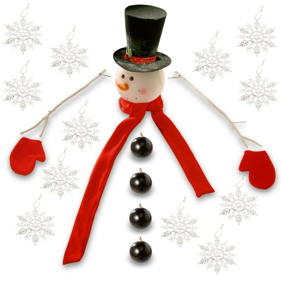 National Tree Company Snowman Tree Kit with 1 Snowman Head, Hat, Scarf, 2 Branch Arms, 1 Pair of Red Mittens, 4 Black Ball Ornaments, and 12 Snowflake Ornaments, For Use with Real or Artificial Trees
