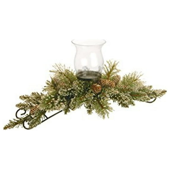 National Tree GB3-810-30C-A 30 inch Glittery Bristle Pine Centerpiece with 1 Candle Holder & Glass Cup with 3 White