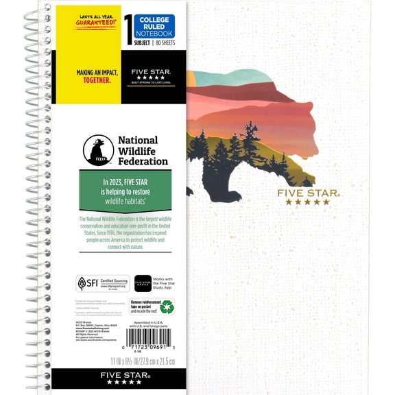 and National Wildlife Federation Spiral Notebook + Study App, 1 Subject, College Ruled Paper, 11" x 8-1/2", 80 Sheets, Forest Bear, 1 Count (820088FM)
