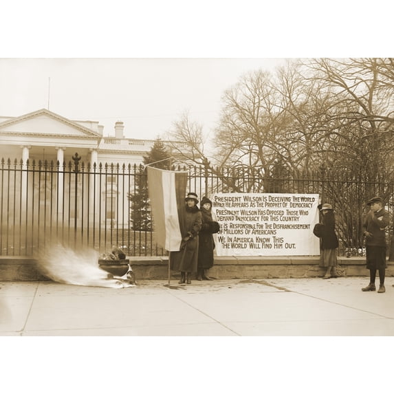 National Women'S Party Demonstration With A Bonfire In Front Of The White House In 1918. The Banner Questions Wilson'S Commitment To Democracy For His Failure To Support Women'S Suffrage. History (36