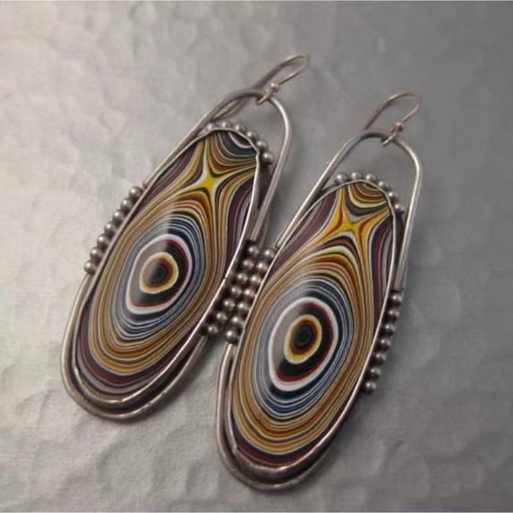 National style Alloy Plastic Dangle Earrings Oval Silver 52mm Alloy