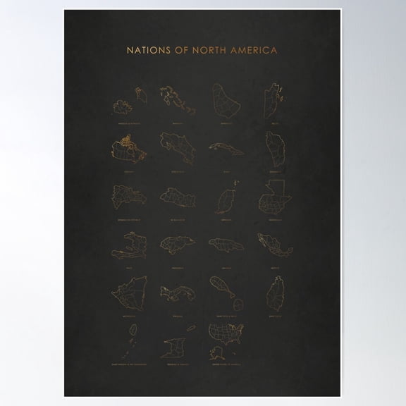 Nations Of North America Map Outlines Chart Poster Wall Art, Modern Wall Decor For Living Room Bedroom, 8x12 UNFRAMED