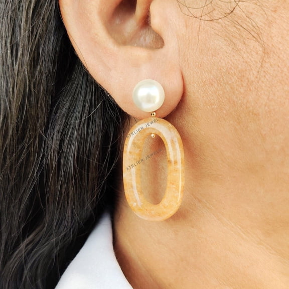 Natiural Pearl & Yellow Aventurine Earrings, 14K Solid Yellow Gold Stud Earring, June August Birthstone, Aventurine Earrings,Statement Studs