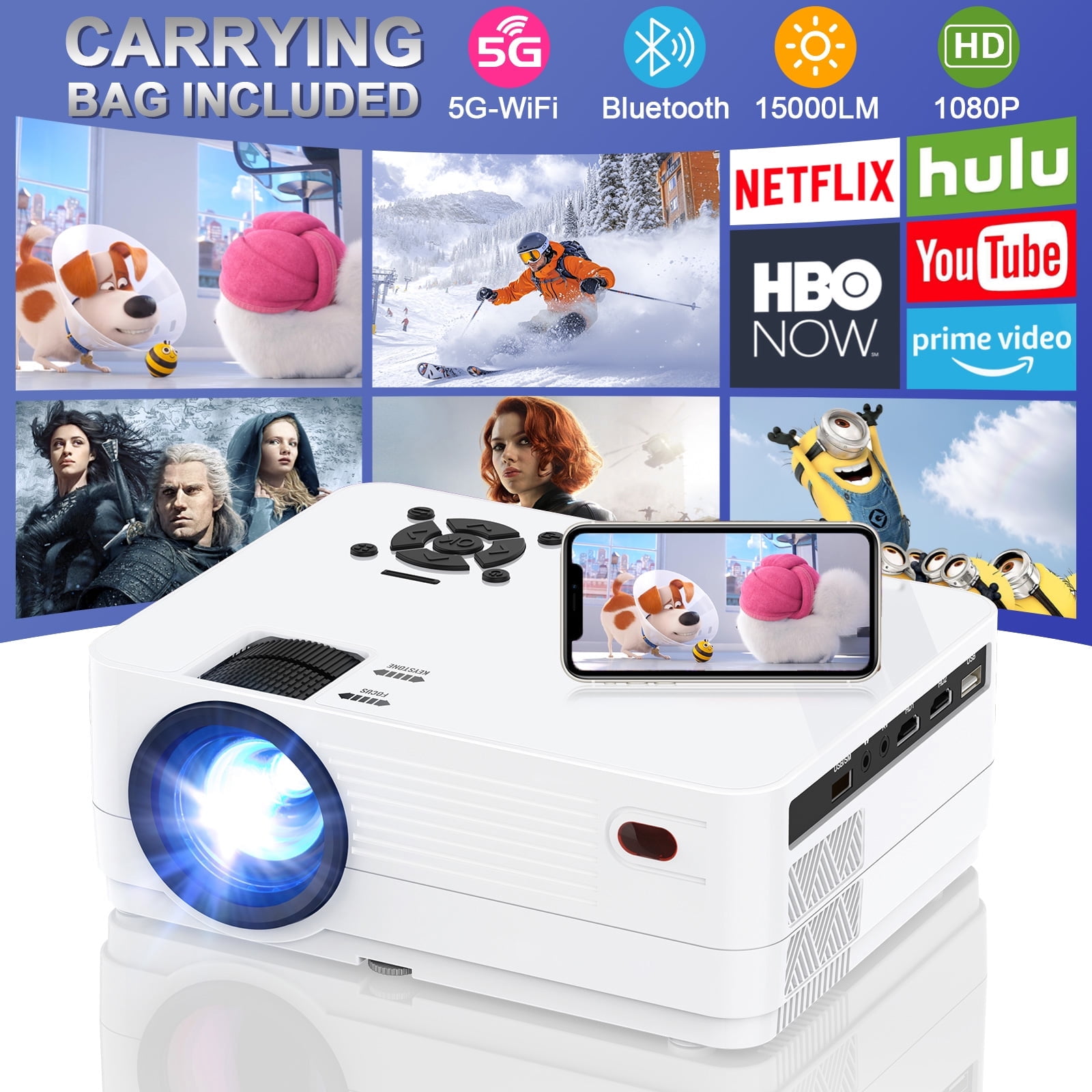 Native 1080P 5G WiFi Bluetooth Projector (Carrying Bag Included), Full HD 15000LM Outdoor Movie Projector, LCD Technology 300" Display Support 4k Home Theater