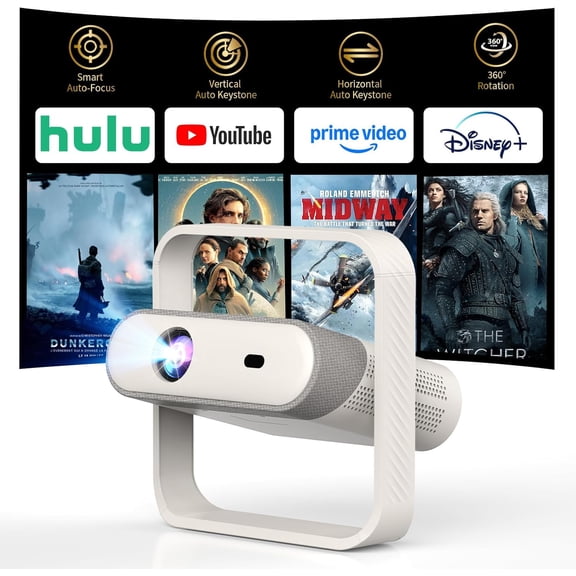 【Native 1080P & Auto Focus】Smart Mini Projector with WiFi and Bluetooth, 500ANSI, Auto Keystone Correction, Compatible with Smartphone, Laptop, HDMI, USB